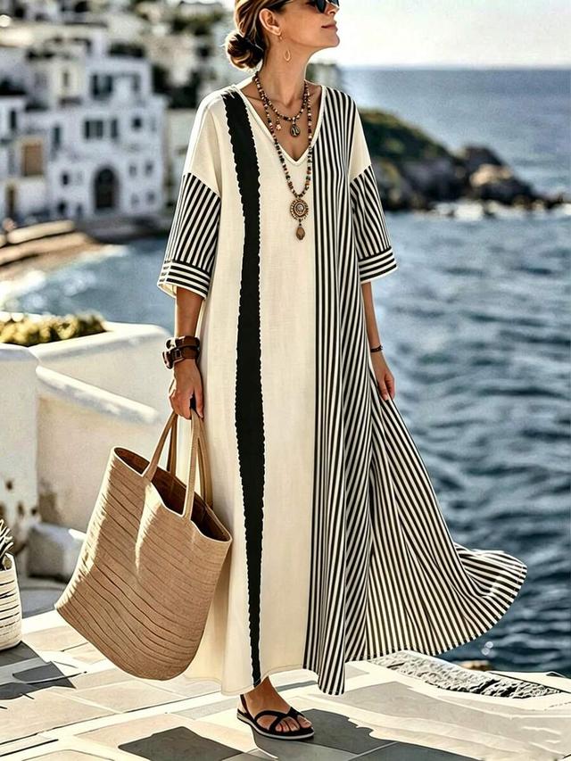 black and white striped v-neck flared vacation dress