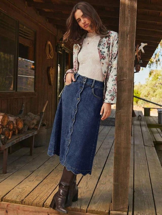 dark wash denim button-front midi skirt