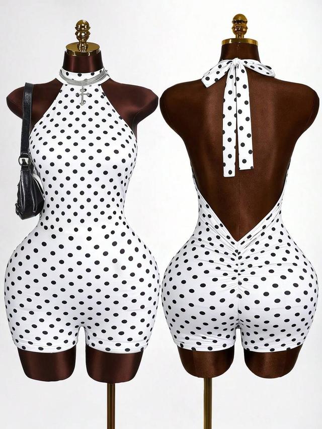 white with black polka dots backless halter romper