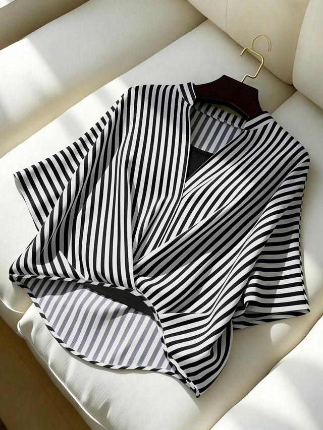 black and white striped v-neck raglan blouse