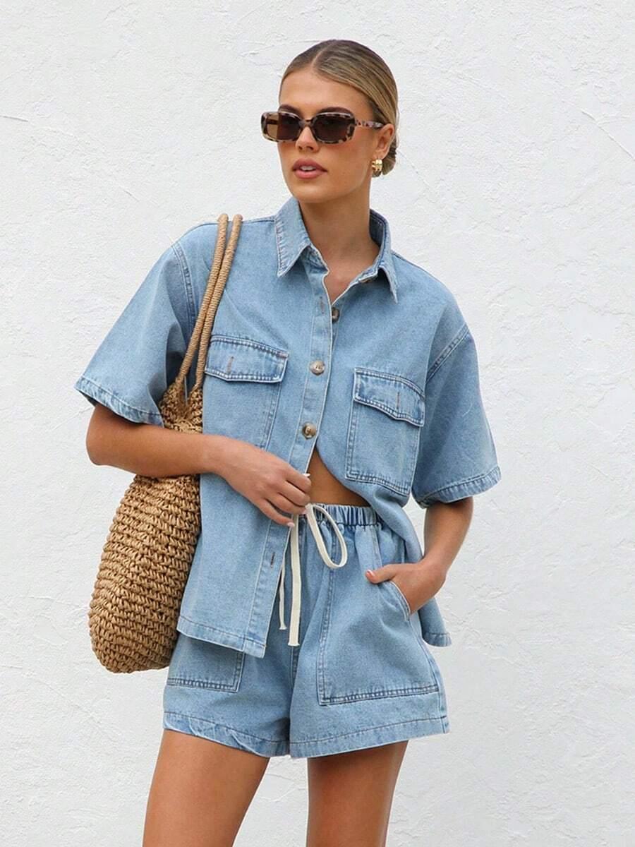light blue vintage light denim relaxed short fit two piece set