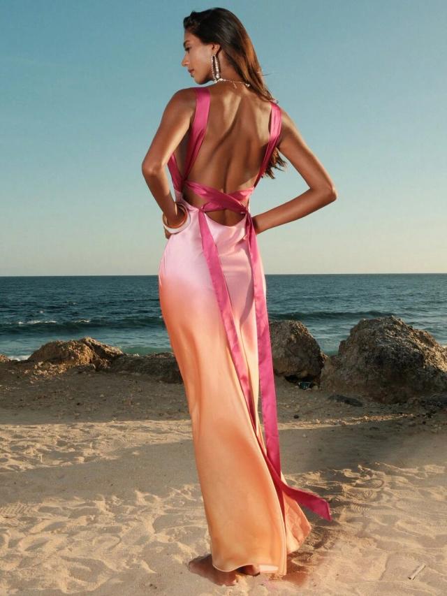 pink and orange ombre v-neck satin maxi dress