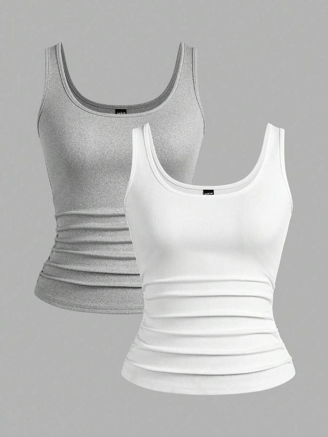 grey ribbed scoop neck slim tank top set