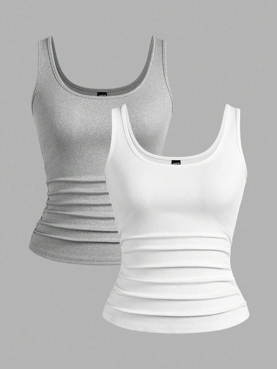 grey ribbed scoop neck slim tank top set