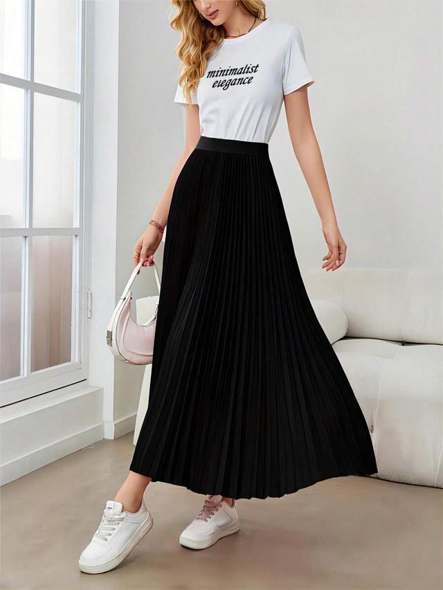 women's simple elegant black pleated midi skirt