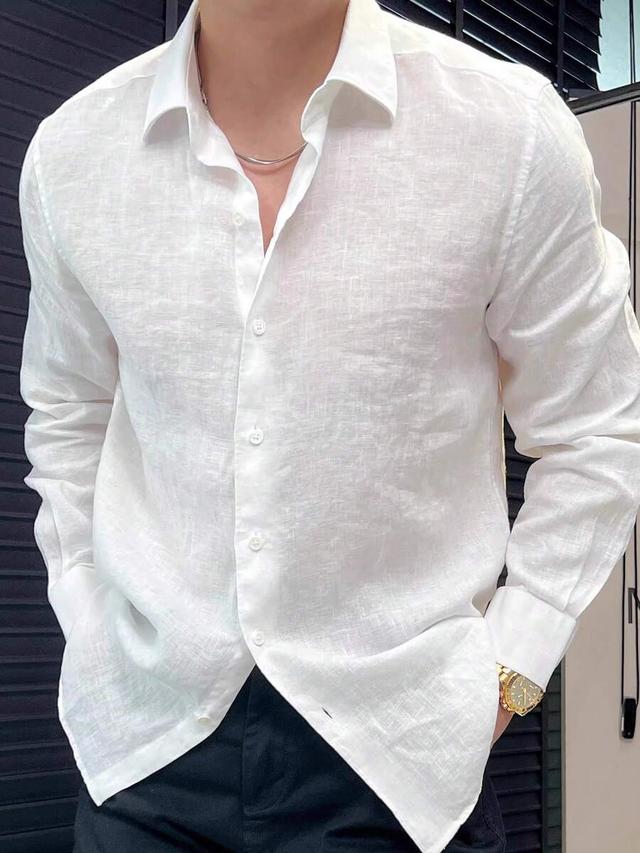 men's classic white long sleeve linen casual shirt