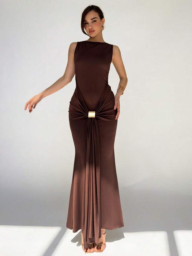 chocolate brown sleeveless knotted front fishtail hem dress