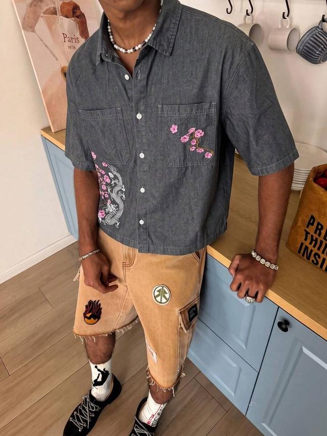 grey denim short sleeve shirt with floral embroidery