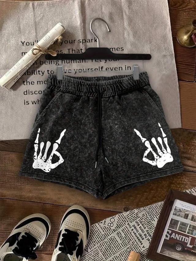 acid wash skeleton hand print drawstring shorts