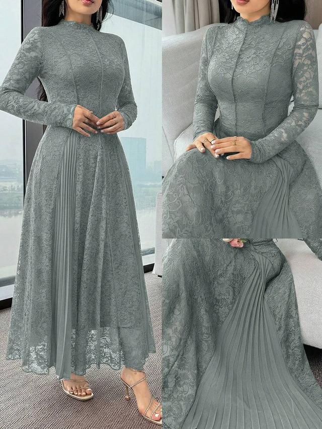 feyla women's solid color lace stand collar pleated dress