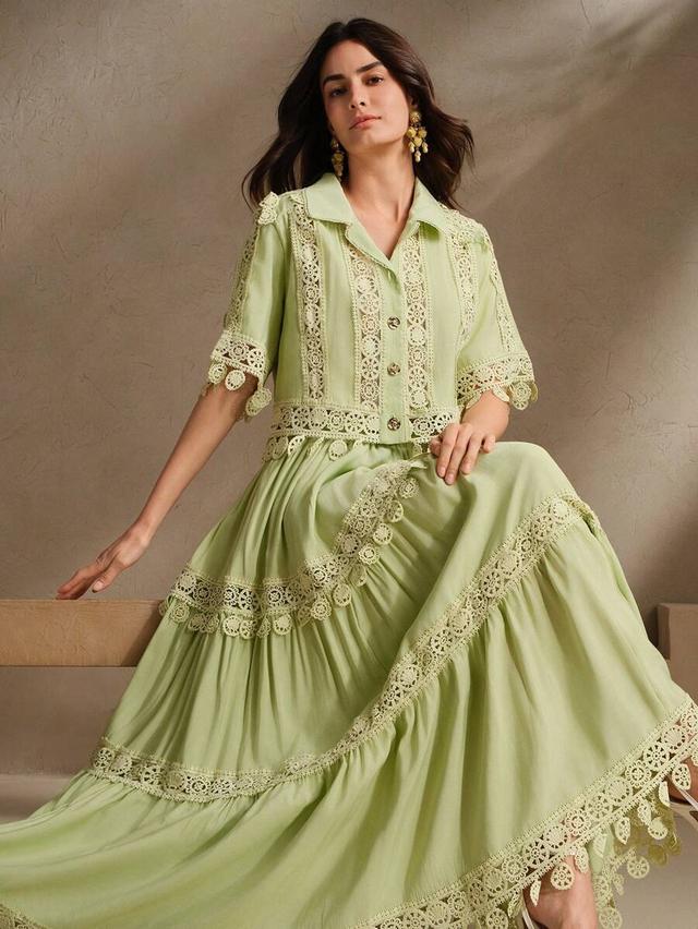 elegant green floral lace trim blouse and maxi skirt