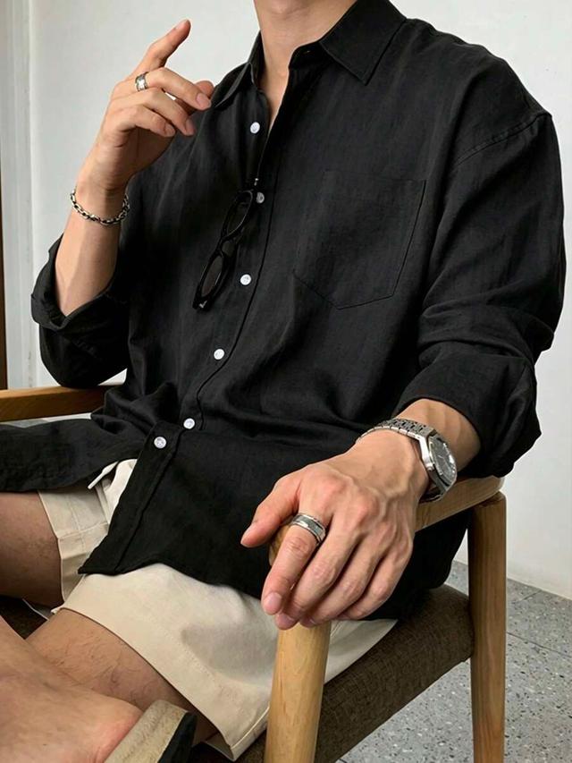 black long sleeve linen blend formal shirt