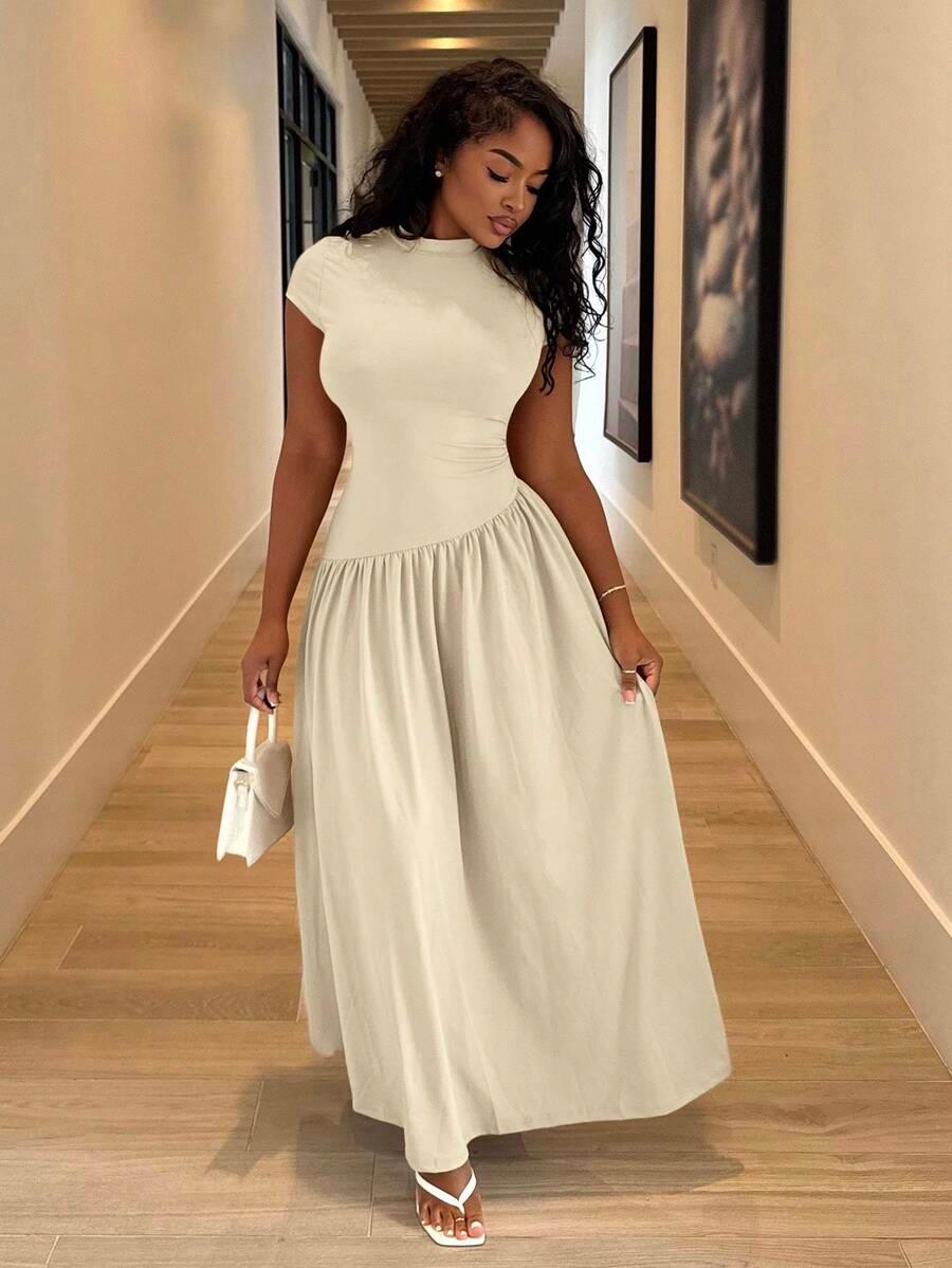 elegant solid khaki asymmetrical waist-cinched long dress