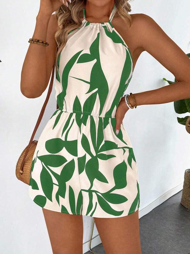 breezaya leaf print halter neck elastic waist romper