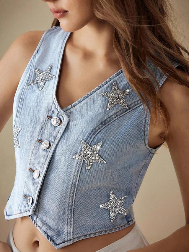 light wash denim vest with star sequin decoration