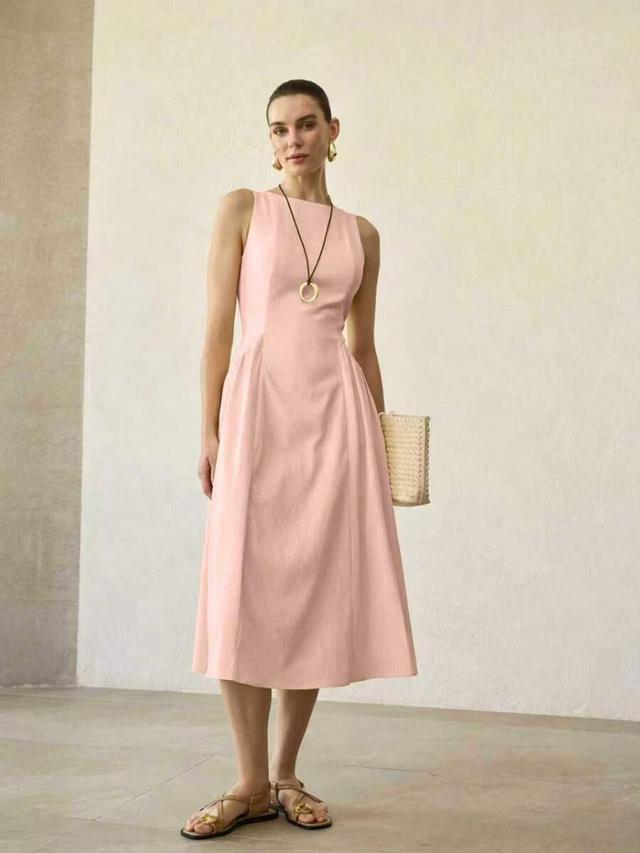waist-cinched back zipper mid-length dress in soft pink
