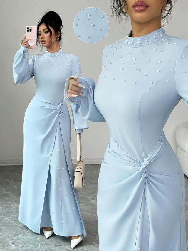 elegant light blue beaded party dress