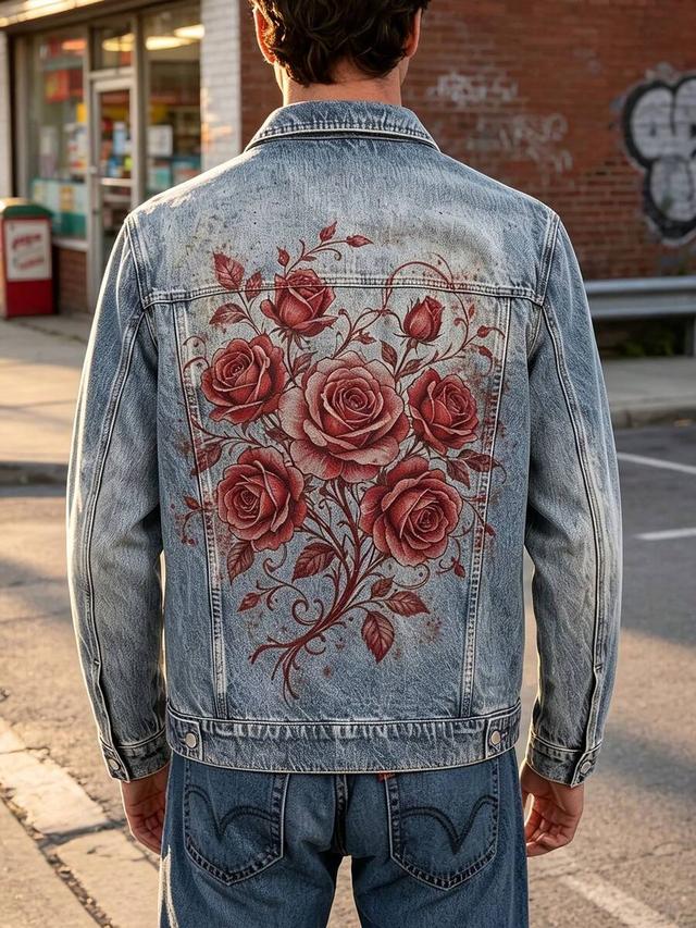 vintage western graphic print light wash denim jacket