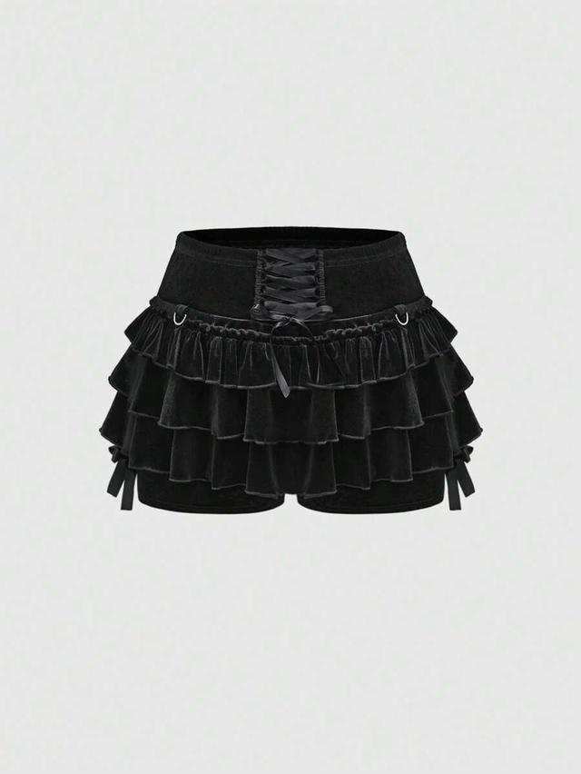 goth vintage dark velvet ruffle hem front tie shorts