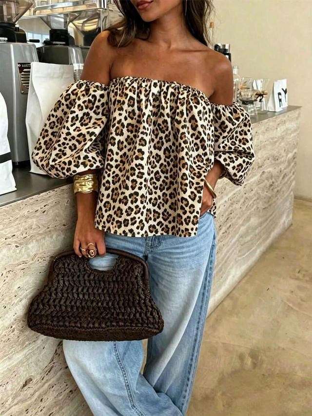 leopard print off-shoulder puff sleeve top