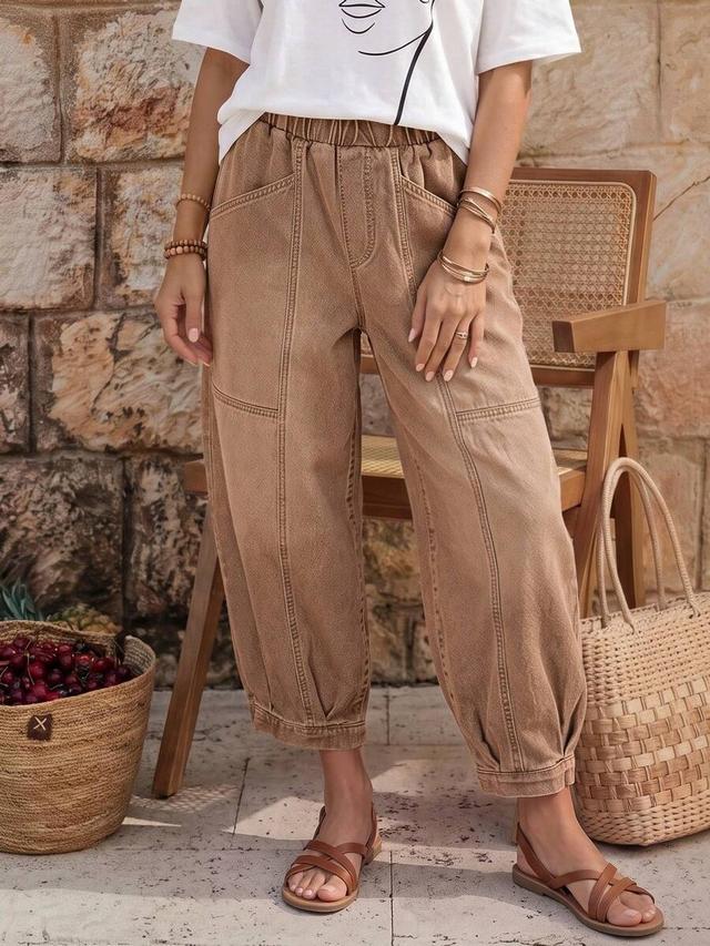 camel elastic waist tapered baggy denim jeans