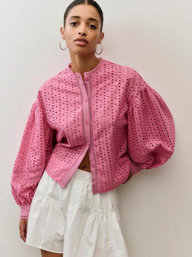 nöista pink broderie anglaise blouse with band collar
