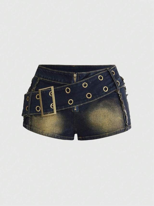 distressed dark wash denim shorts with grommet belt