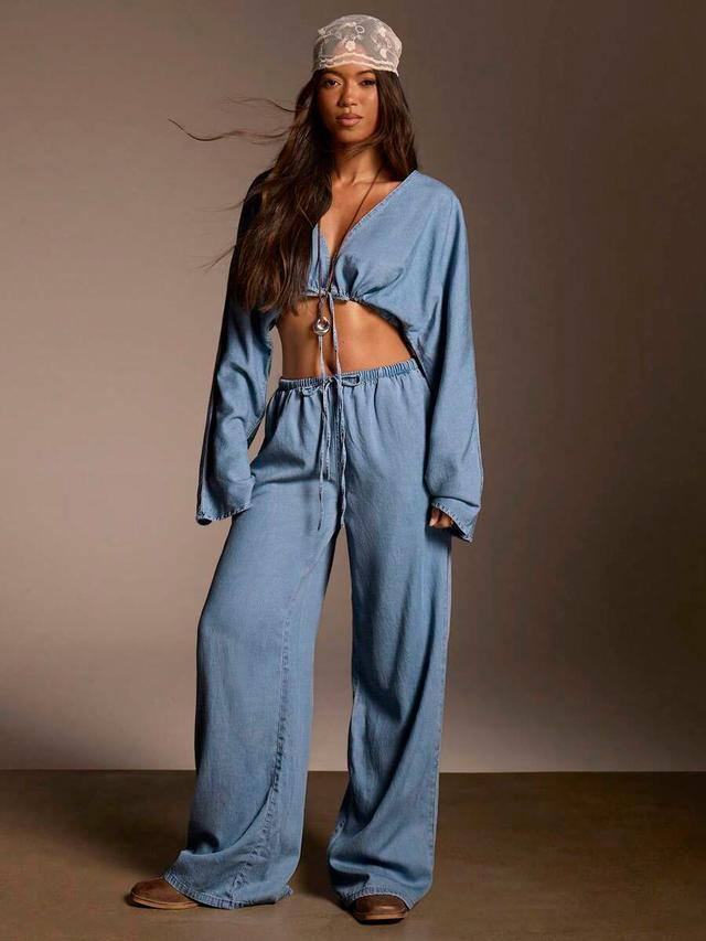lightweight chambray long sleeve crop top and trousers set