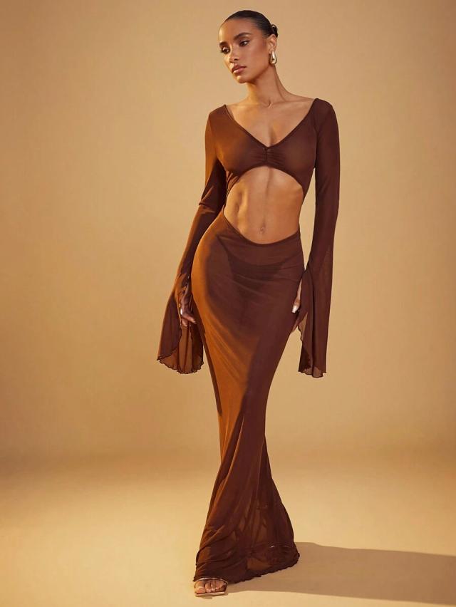 brown lettuce hem and cuff front cut-out dress