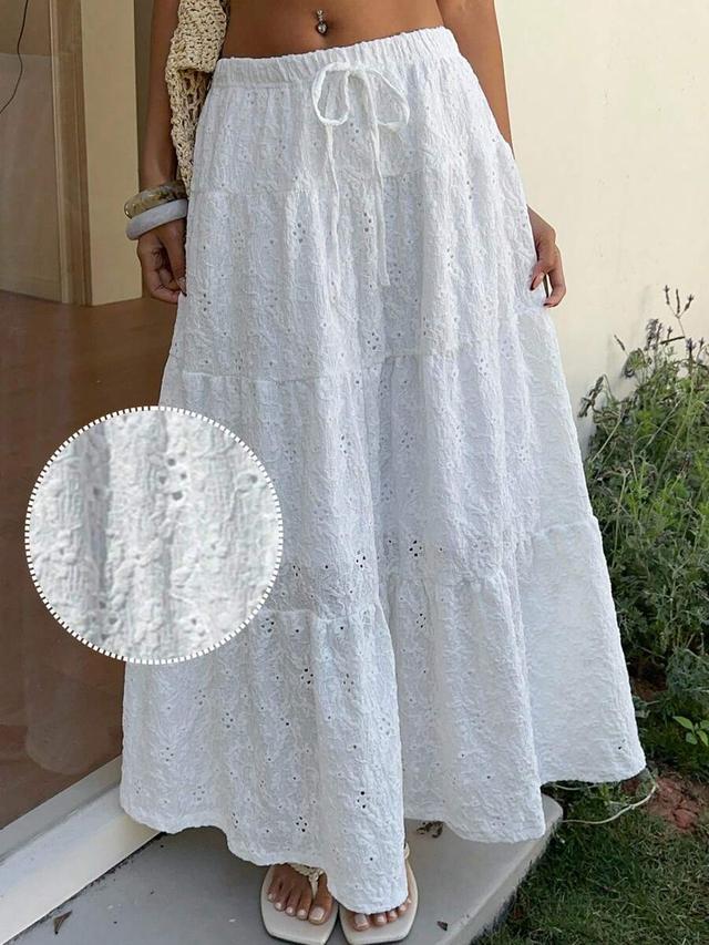 white eyelet embroidery tiered a-line vacation skirt