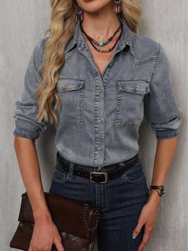 womens casual elegant denim button down shirt