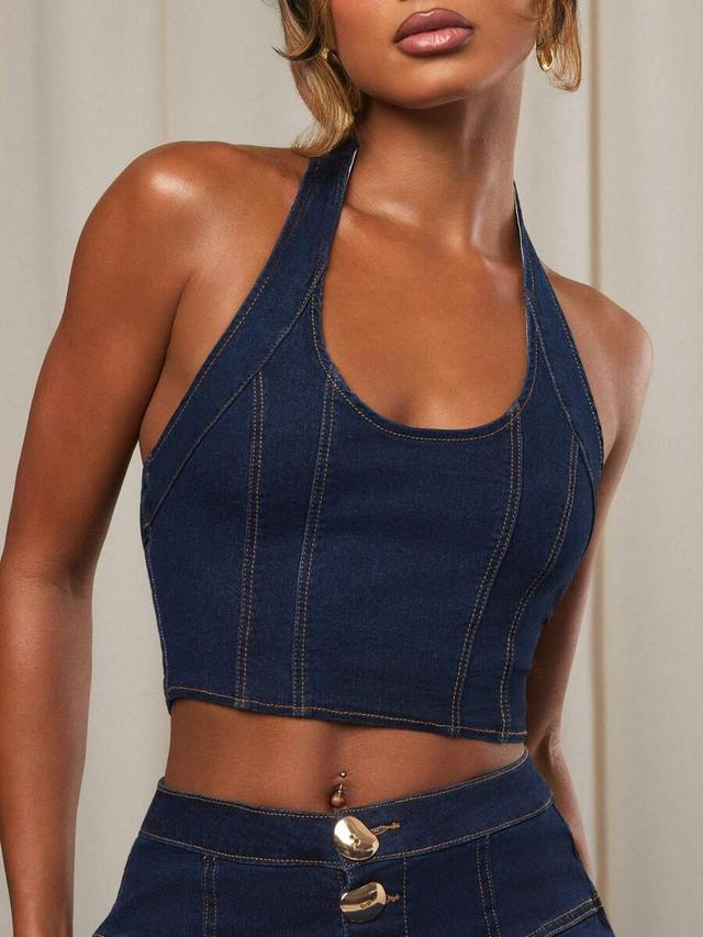 dark wash denim halter cropped top