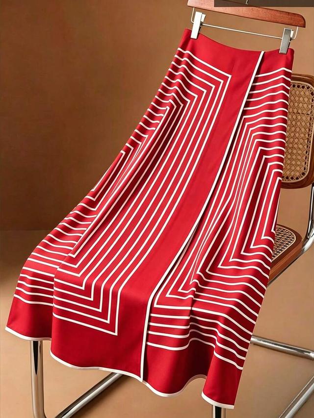 red geometric print wrap-style a-line skirt
