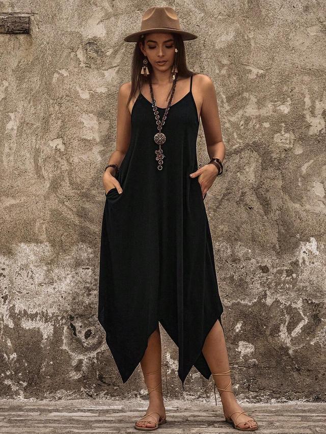 black sleeveless handkerchief hem midi dress