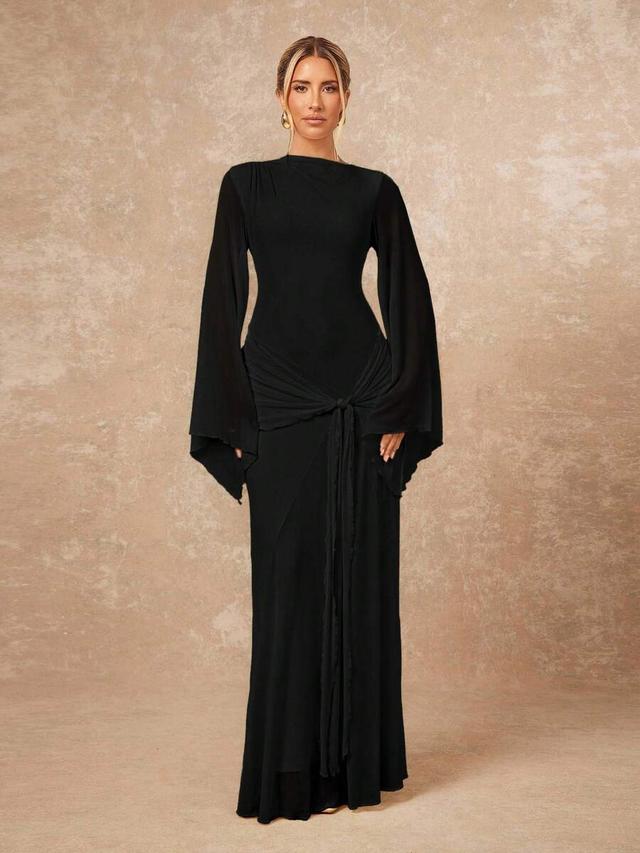 elegant black long sleeve sheer flowy sash dress