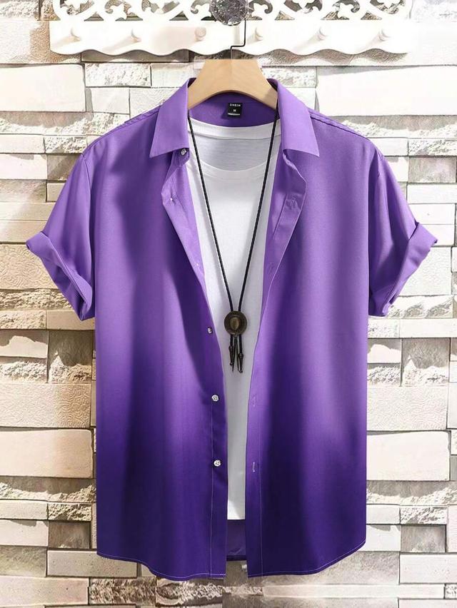 purple ombre satin short sleeve button up shirt