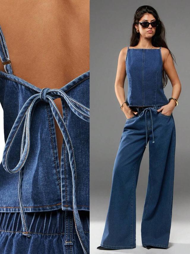 casual backless lace-up denim camisole top