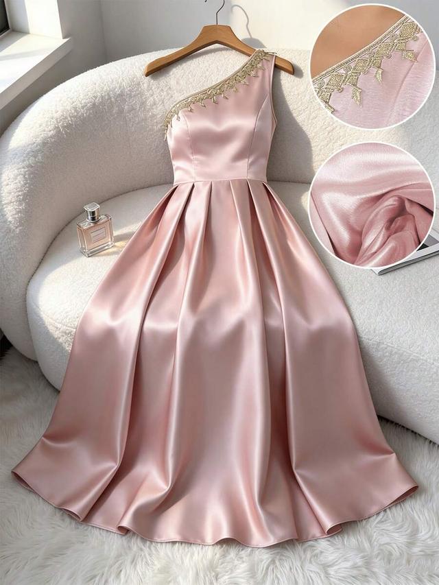 elegant pink sleeveless asymmetrical neck flared prom gown