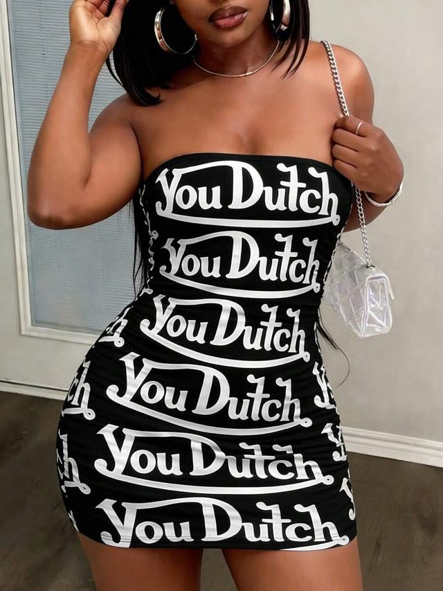 black and white graphic print tube dress