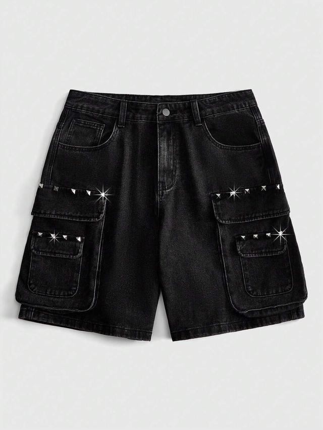 black denim cargo shorts with rivet detailing