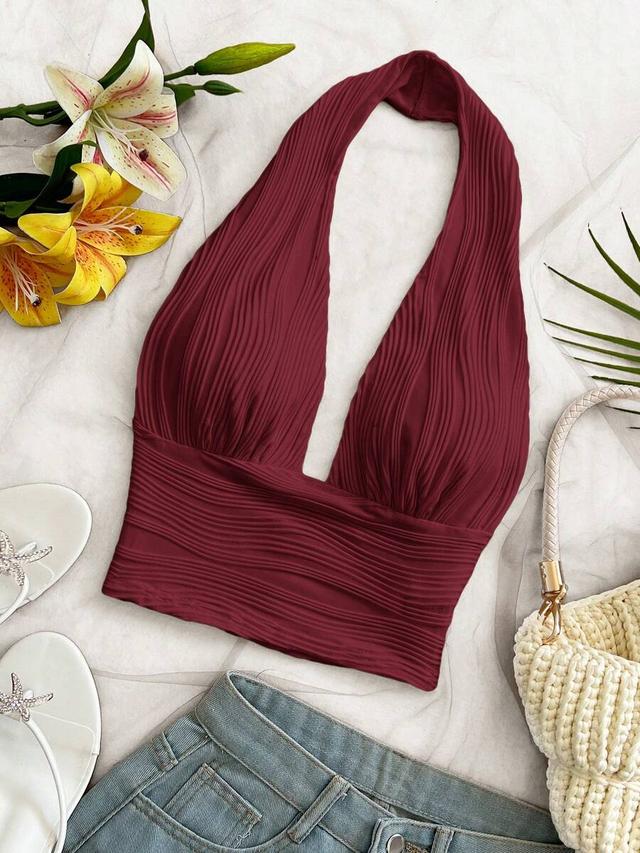 burgundy textured fabric backless halter cropped top
