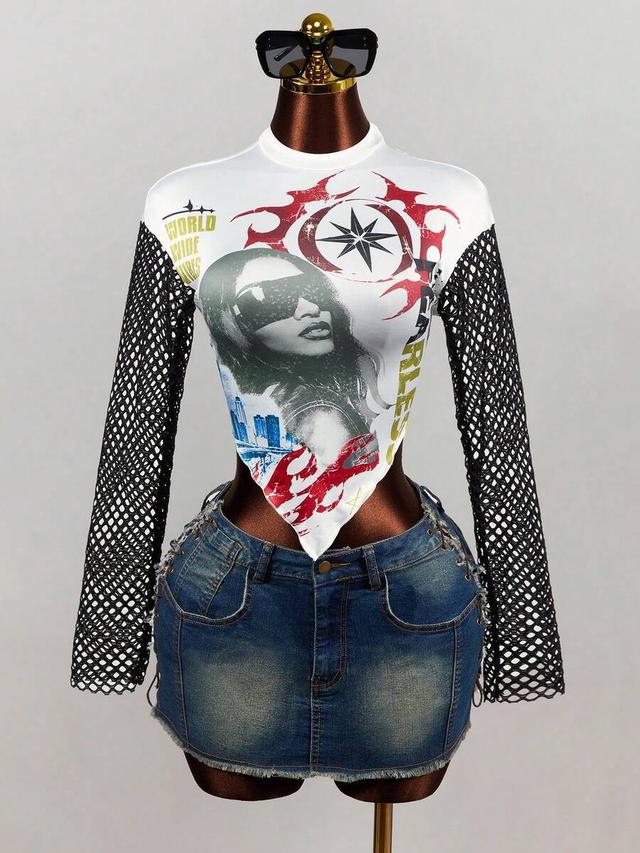 y2k graphic print mesh patchwork asymmetrical hem top