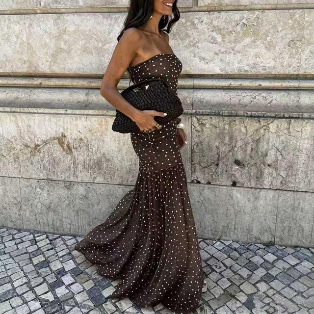 brown polka dot strapless midi dress