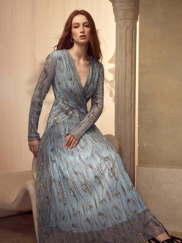 elegant blue v-neck long sleeve metallic jacquard dress