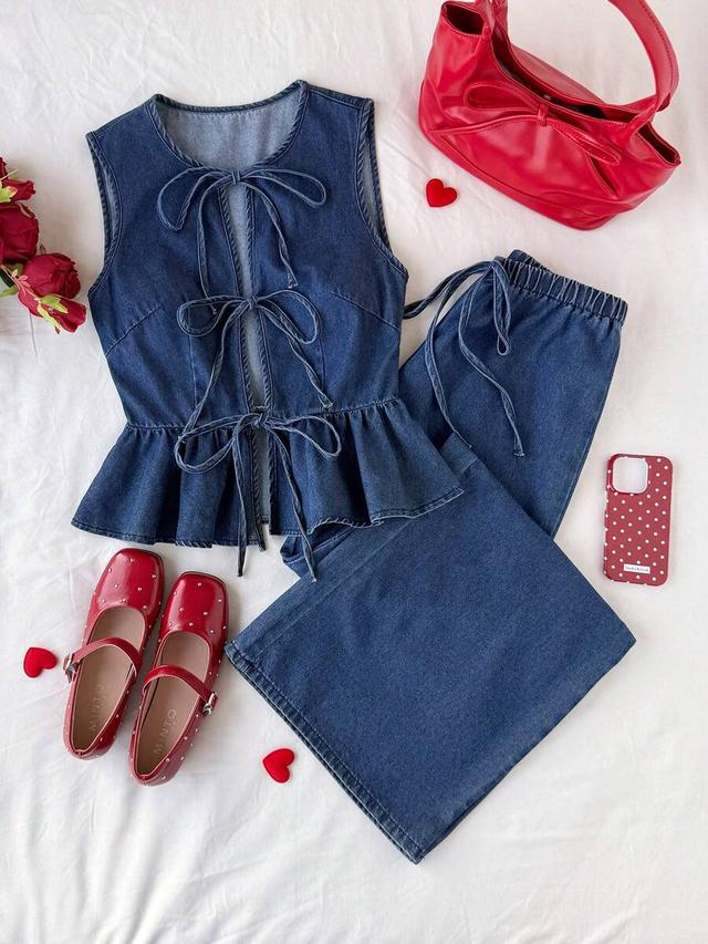 navy blue denim sleeveless tie front peplum top set