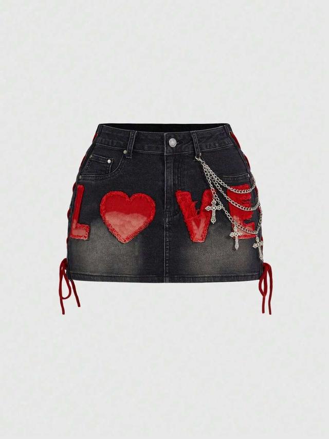 black denim mini skirt with red heart applique