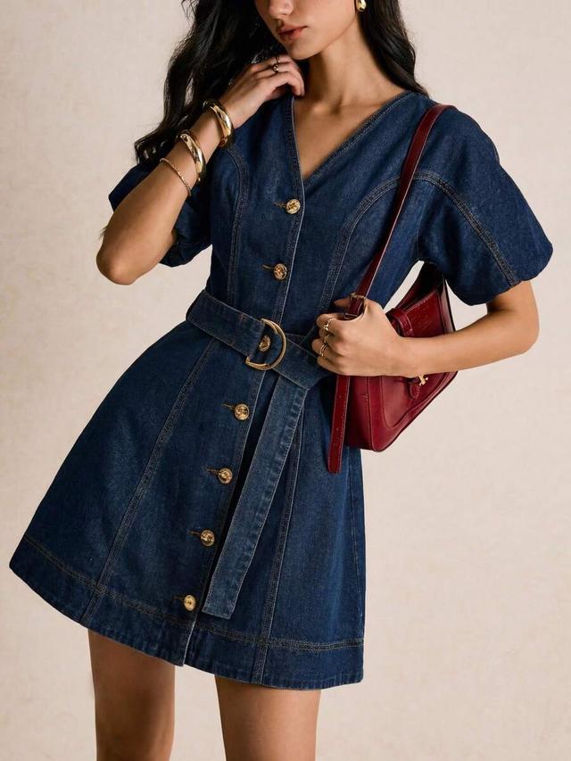 dark wash denim button-down mini dress