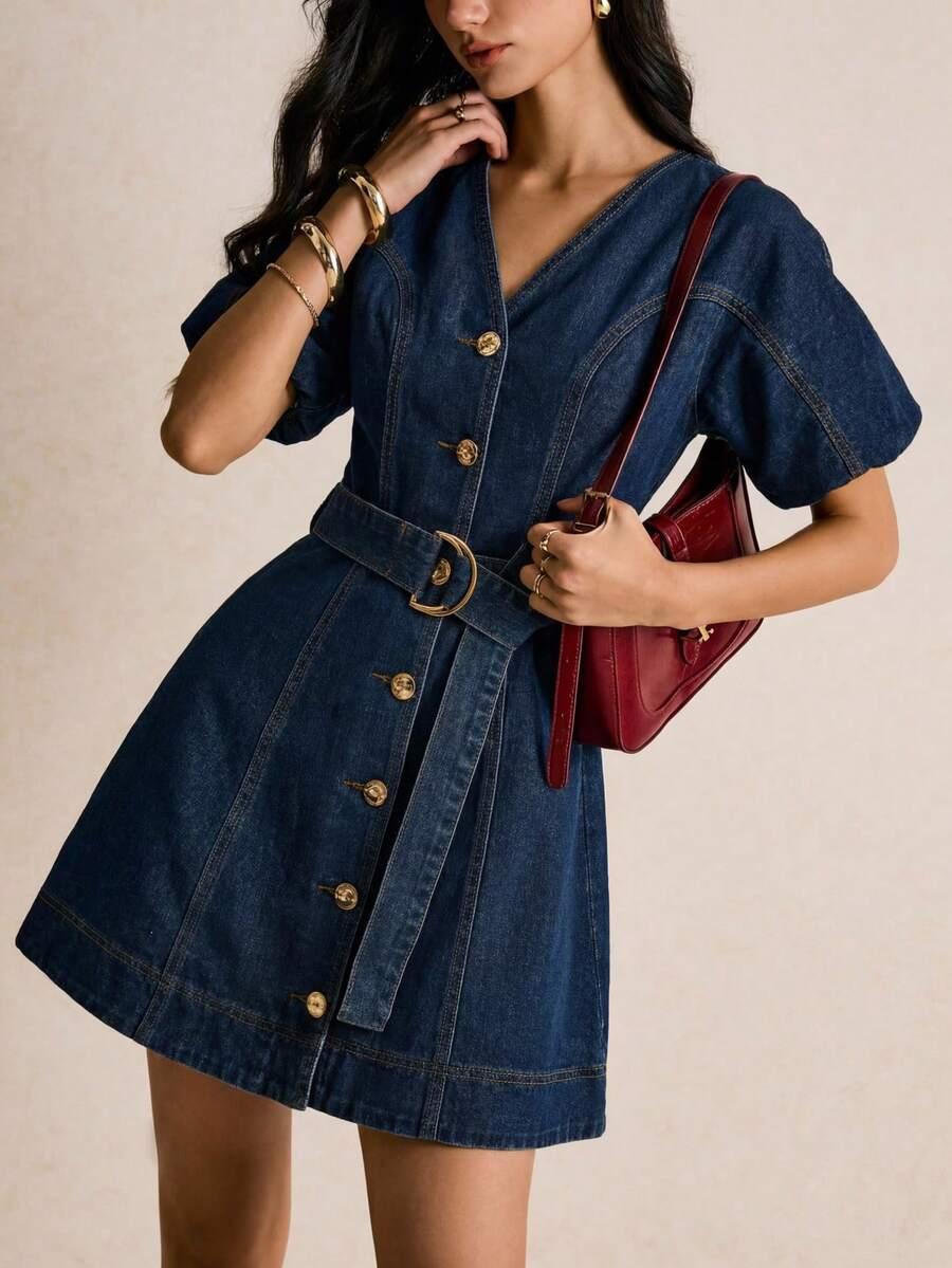 dark wash denim button-down mini dress