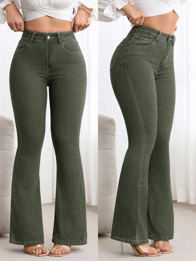 olive green high waist pocketed flare jeans
