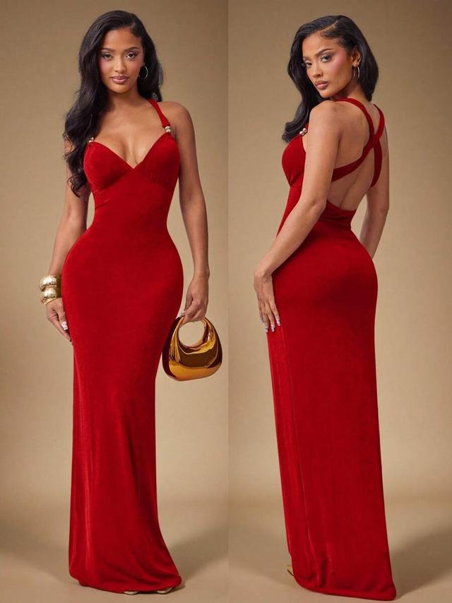 elegant dark red velvet backless slip gown